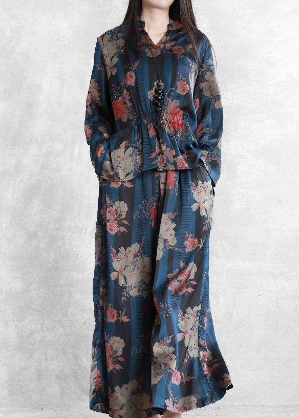 Original Chiffon Blue Print Set Loose V-neck Top + Wide Leg Pants
