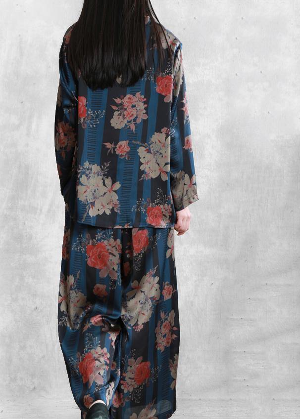 Original Chiffon Blue Print Set Loose V-neck Top + Wide Leg Pants
