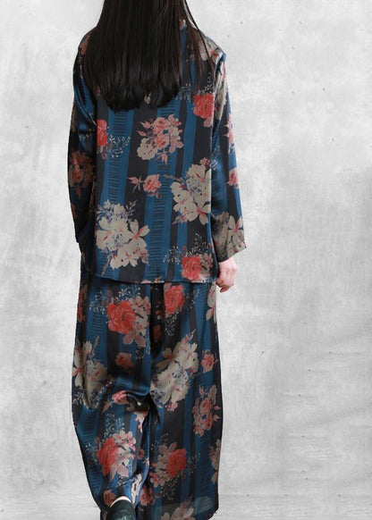 Original Chiffon Blue Print Set Loose V-neck Top + Wide Leg Pants