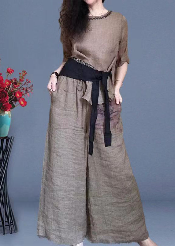 Original Printing Lace Up Top and Pants Two-piece Set for Summer