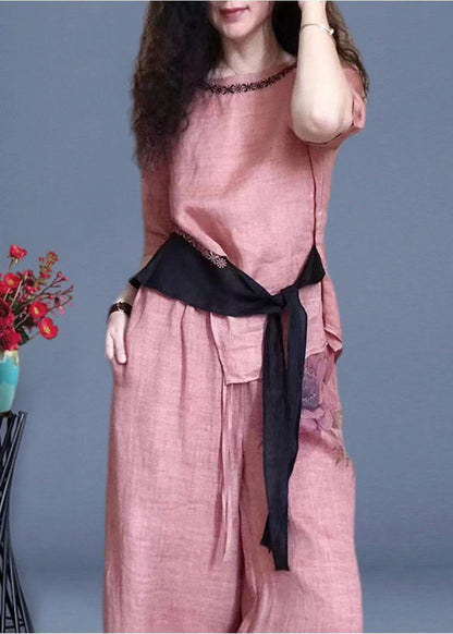 Original Printing Lace Up Top and Pants Two-piece Set for Summer