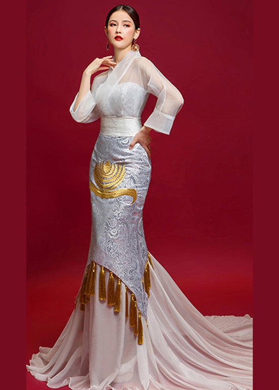 Original Embroidered Tasseled Party Long Tail Evening Dress New