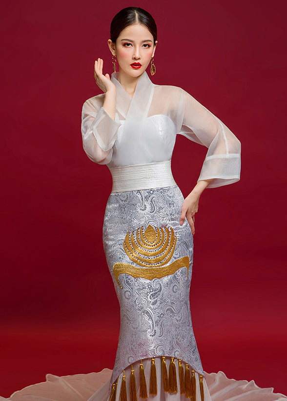Original Embroidered Tasseled Party Long Tail Evening Dress New