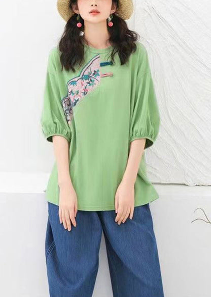 Original Green O-neck Embroideried Cotton T Shirts Summer