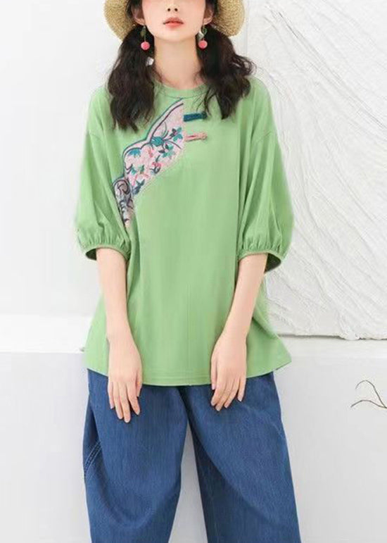 Original Green O-neck Embroideried Cotton T Shirts Summer