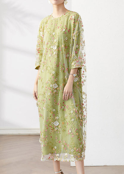 Original Green O-neck Embroidered Patchwork Tulle Dress Fall