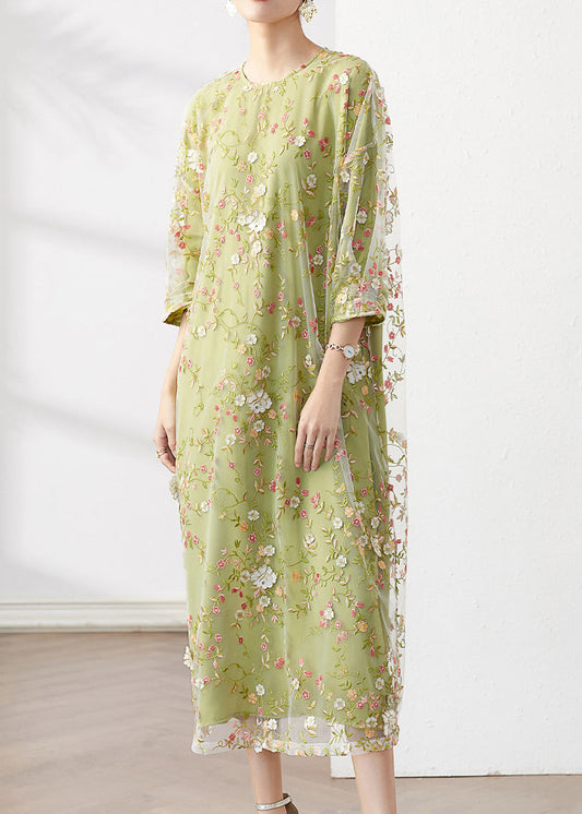 Original Green O-neck Embroidered Patchwork Tulle Dress Fall
