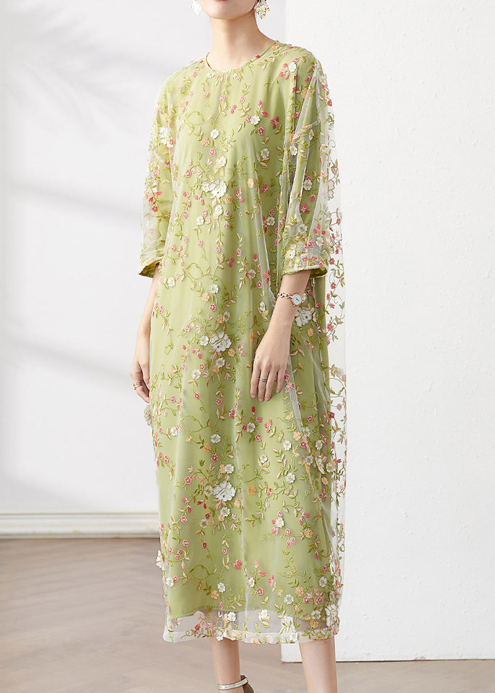 Original Green O-neck Embroidered Patchwork Tulle Dress Fall