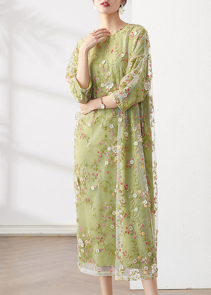 Original Green O-neck Embroidered Patchwork Tulle Dress Fall