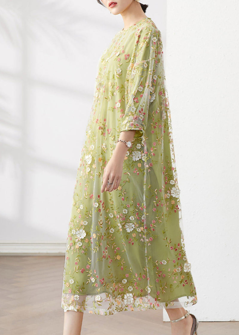 Original Green O-neck Embroidered Patchwork Tulle Dress Fall