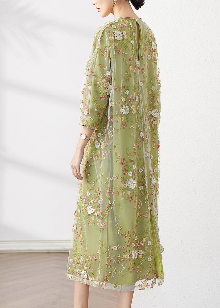 Original Green O-neck Embroidered Patchwork Tulle Dress Fall