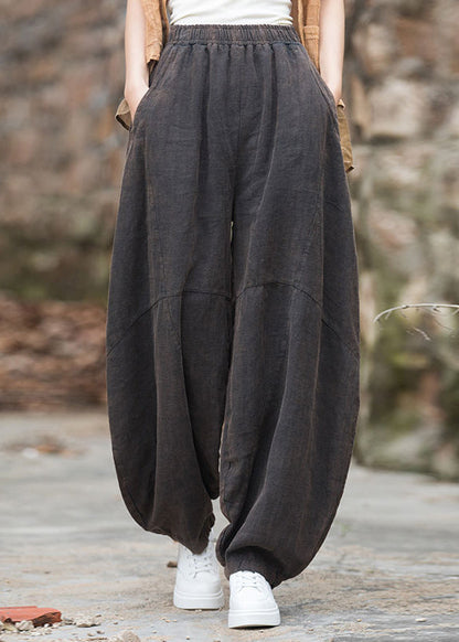 Grace Black Yellow Geometry Pockets Elastic Waist Patchwork Linen Pants Summer