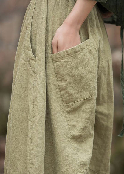 Original Green Pockets Elastic Waist Patchwork Linen Pants Summer