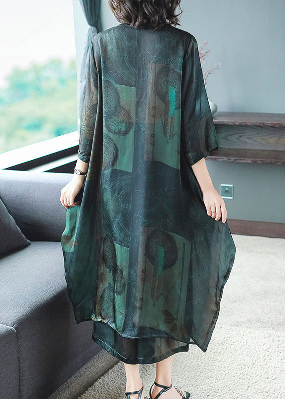 Original Green Pockets Print Thin Silk Shirt Dress and Wide Leg Pants Two Piece Outfit Summer