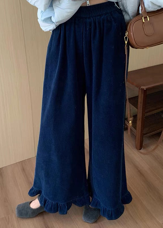 Original Green Ruffled Patchwork Corduroy Wide Leg Pants Winter