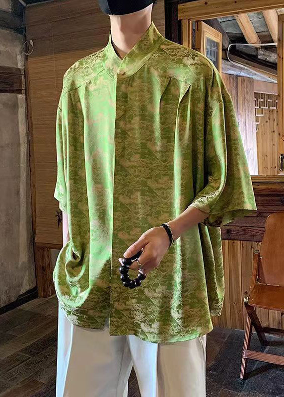 Original Green Stand Collar Print Ice Silk Shirt Summer