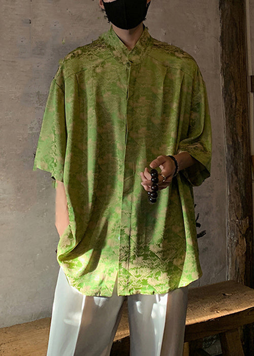 Original Green Stand Collar Print Ice Silk Shirt Summer