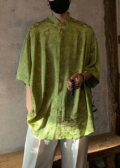 Original Green Stand Collar Print Ice Silk Shirt Summer