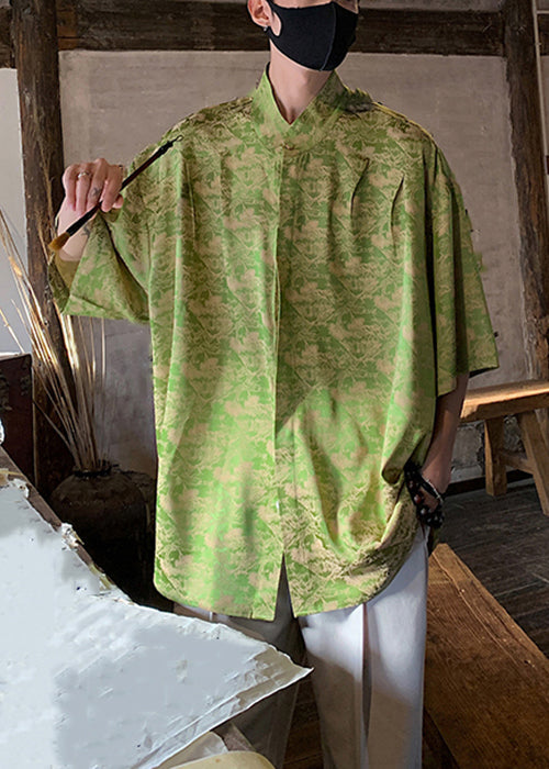 Original Green Stand Collar Print Ice Silk Shirt Summer