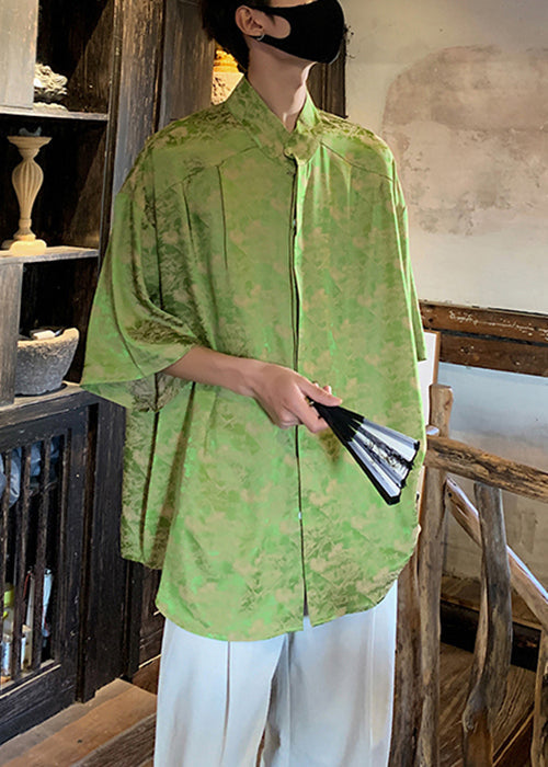 Original Green Stand Collar Print Ice Silk Shirt Summer