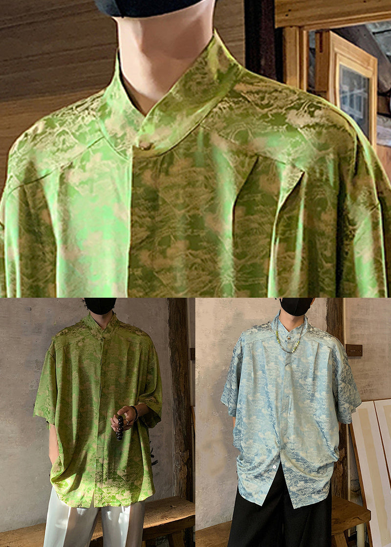 Original Green Stand Collar Print Ice Silk Shirt Summer