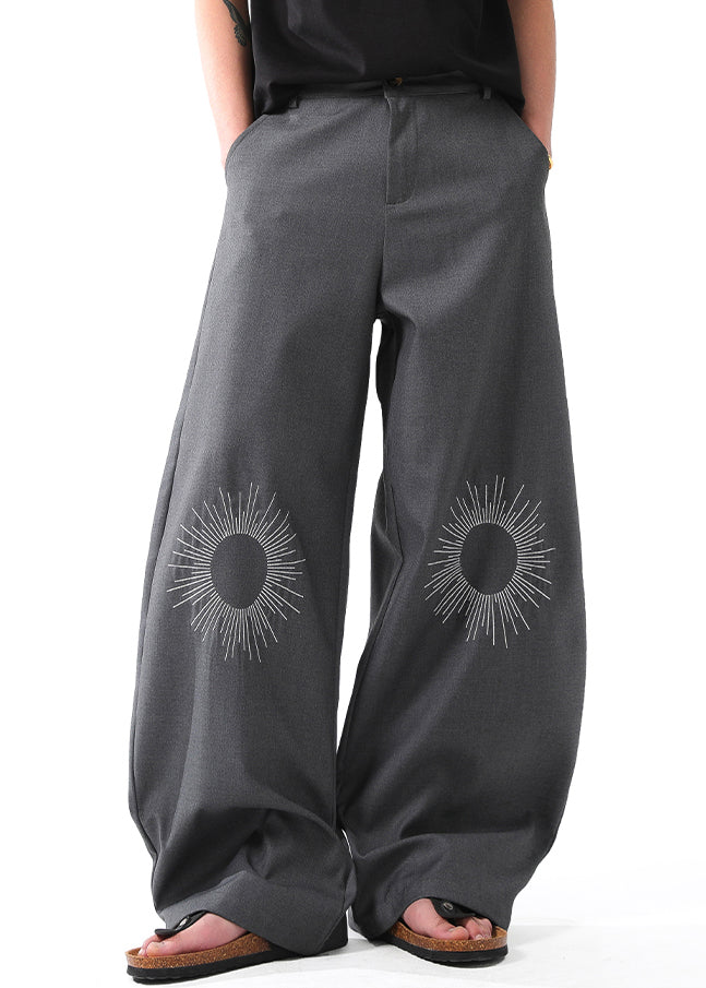 Original Grey Embroideried High Waist Cotton Pants Summer