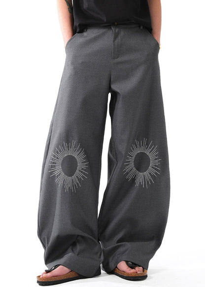 Original Grey Embroideried High Waist Cotton Pants Summer