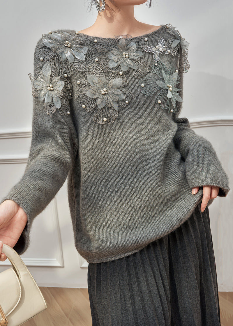 Original Grey O Neck Pearl Knit Cardigan Winter