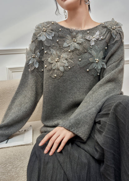 Original Grey O Neck Pearl Knit Cardigan Winter