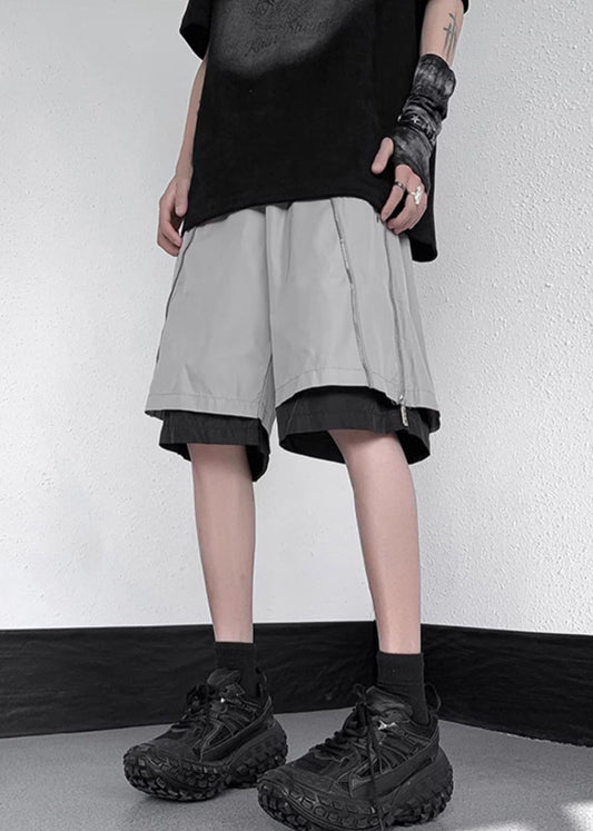 Original Grey Zippered False Two Pieces Cotton Shorts Summer