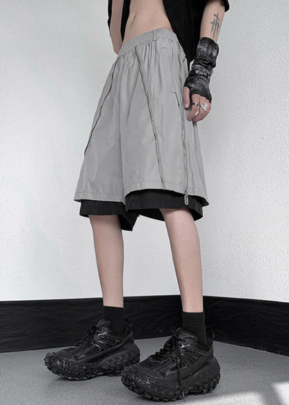Original Grey Zippered False Two Pieces Cotton Shorts Summer