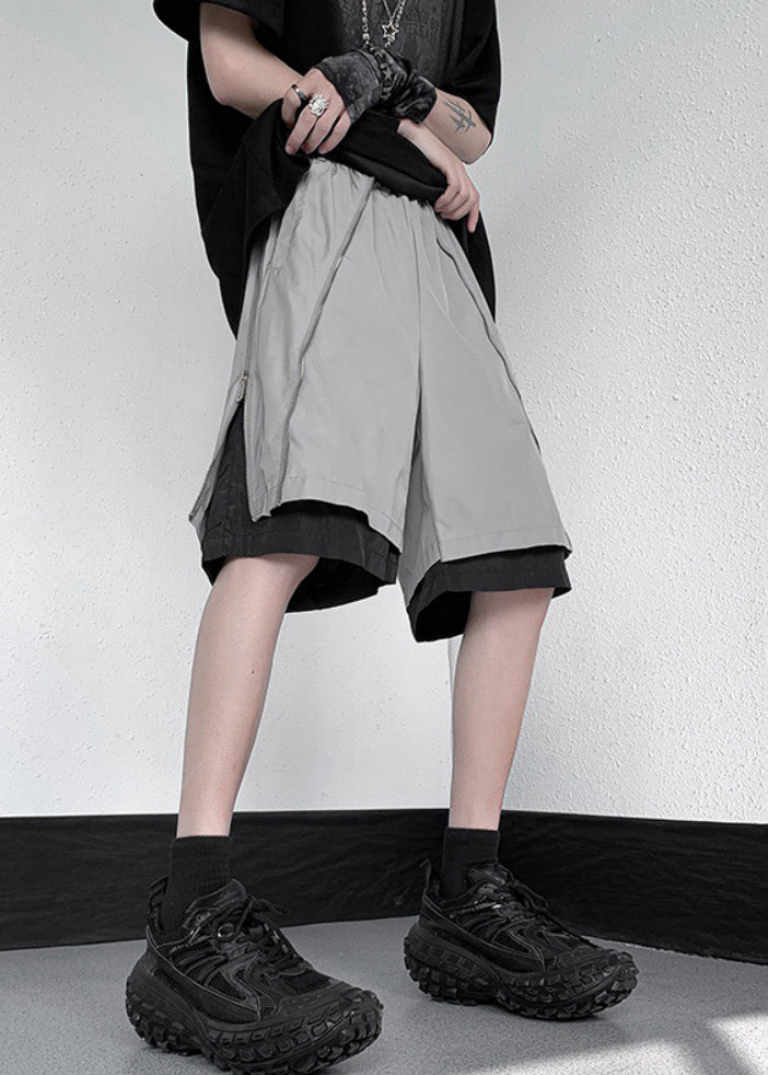 Original Grey Zippered False Two Pieces Cotton Shorts Summer