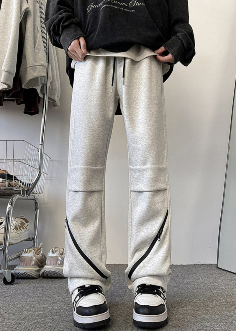 Original Grey Zippered Elastic Waist Cotton Pants Spring