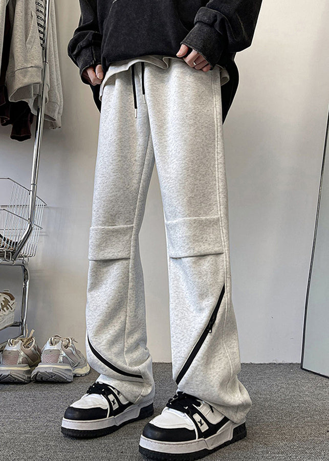 Original Grey Zippered Elastic Waist Cotton Pants Spring