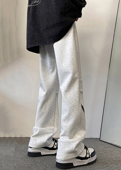 Original Grey Zippered Elastic Waist Cotton Pants Spring