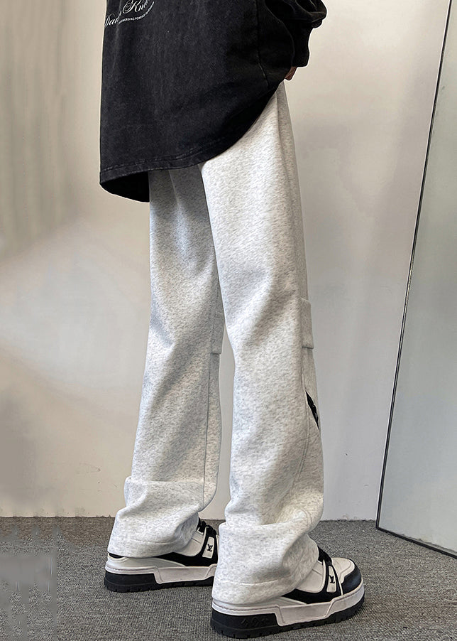 Original Grey Zippered Elastic Waist Cotton Pants Spring