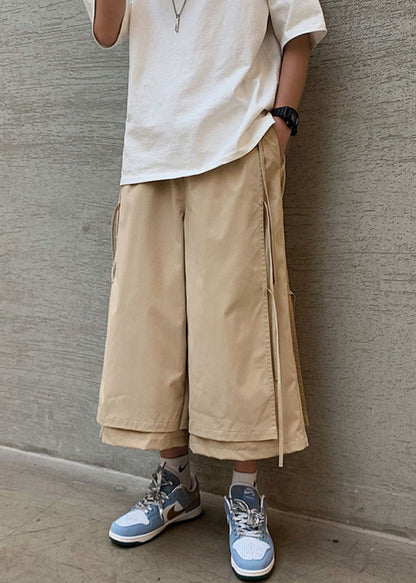 Original Khaki Lace Up False Two Pieces Cotton Crop Pants Summer