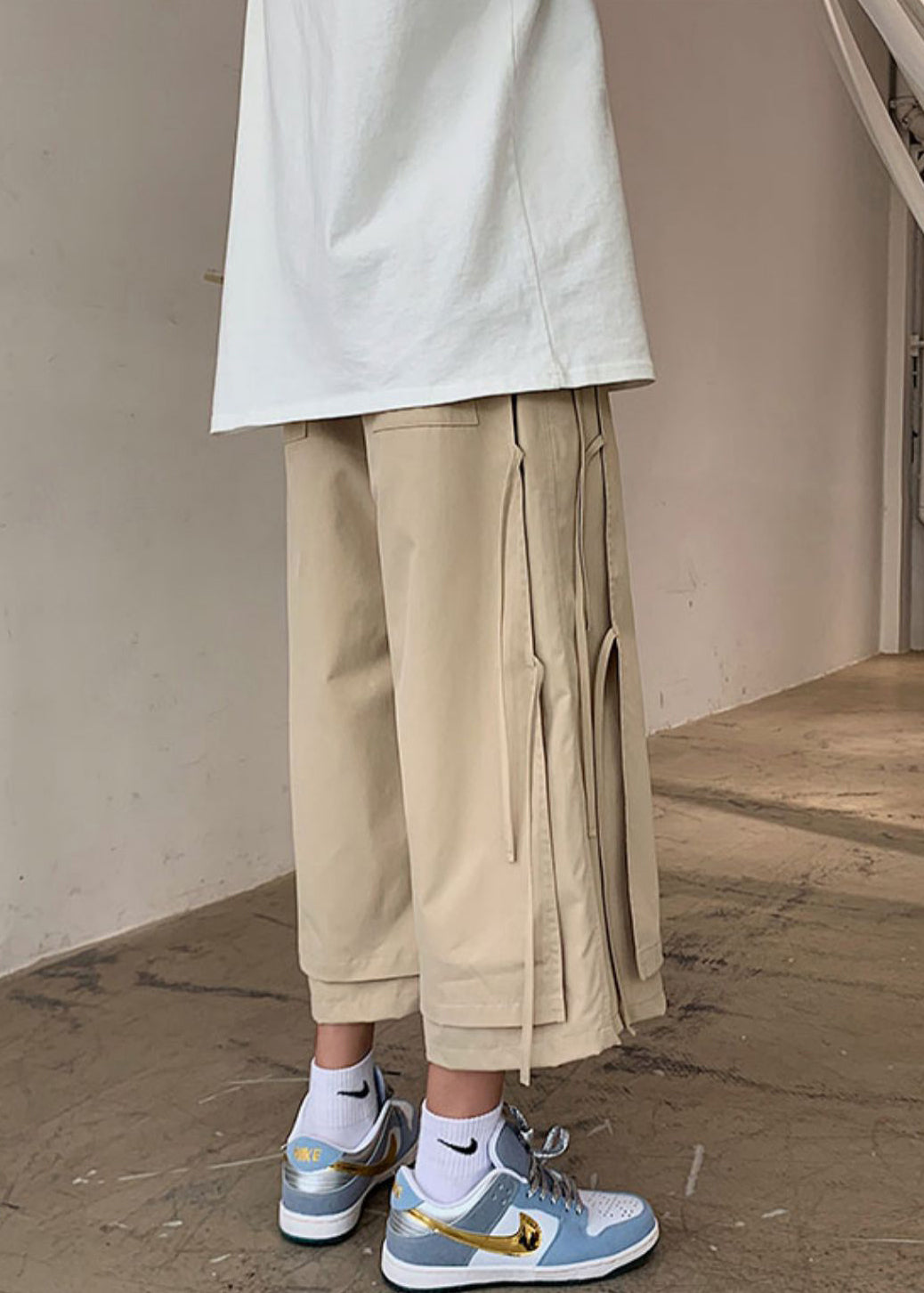 Original Khaki Lace Up False Two Pieces Cotton Crop Pants Summer