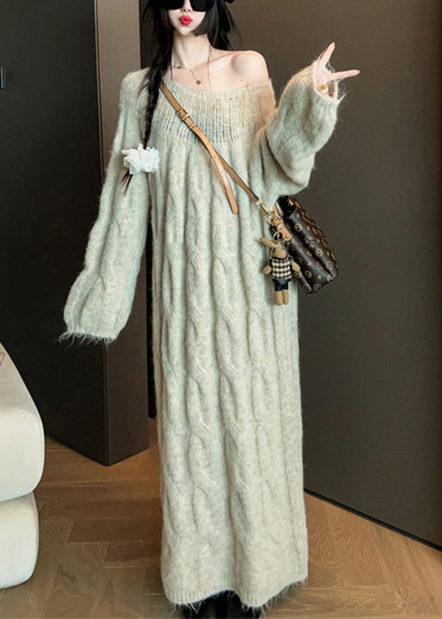 Original Khaki O Neck Hollow Out Knit Sweater Dress