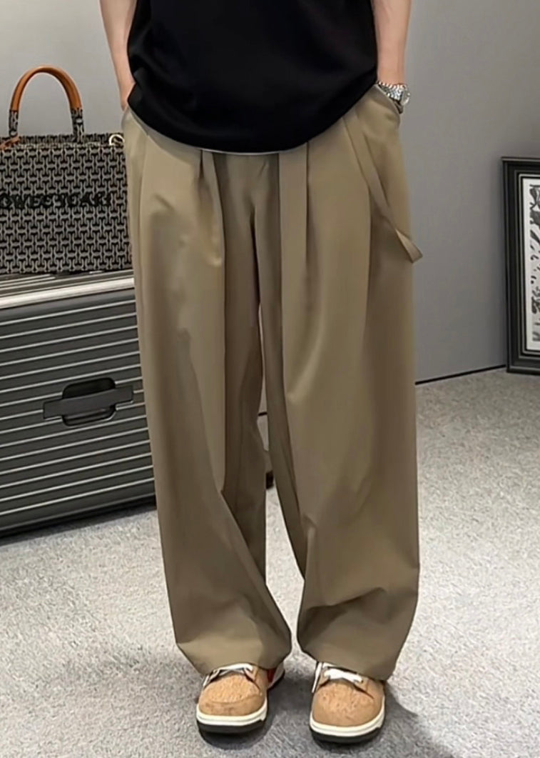 Original Khaki Pockets Elastic Waist Ice Silk Wide Leg Pants Summer