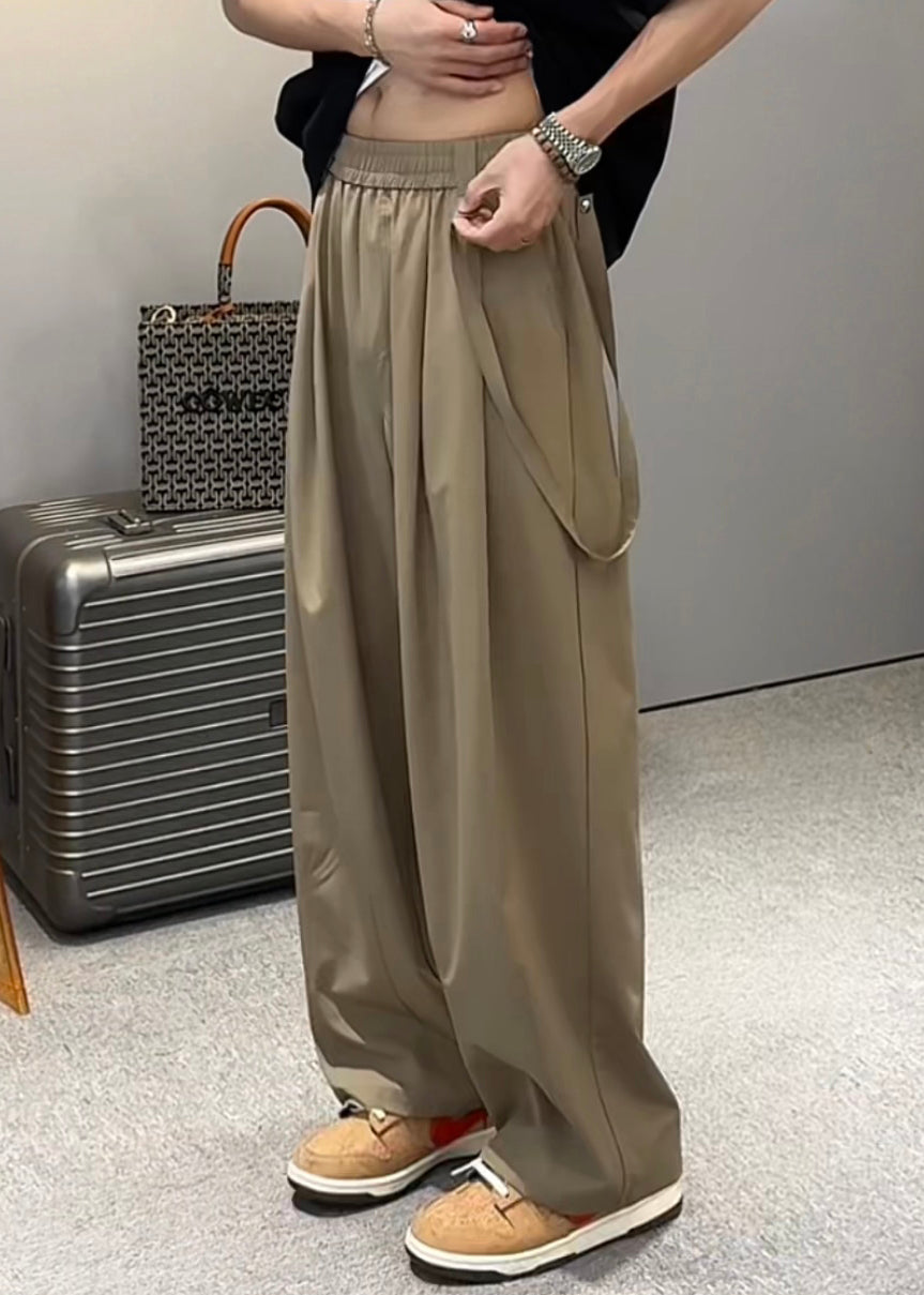 Original Khaki Pockets Elastic Waist Ice Silk Wide Leg Pants Summer