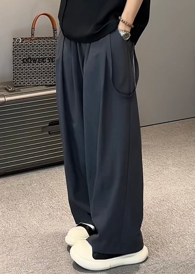 Original Khaki Pockets Elastic Waist Ice Silk Wide Leg Pants Summer