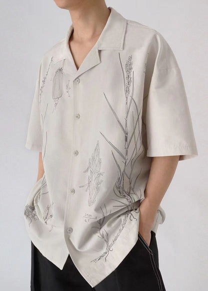 Original Light Grey Print Button Cotton Shirt Summer