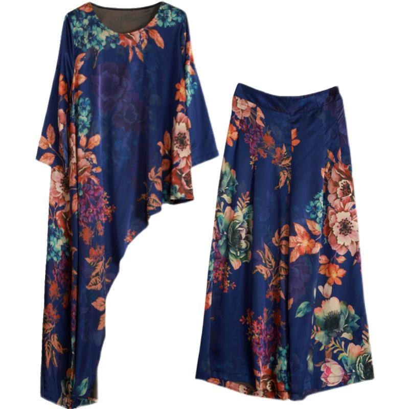 Original Literature and Art Blue Printing Large Mulberry Silk Suit Irregular Medium Long Silk Two Piece Set