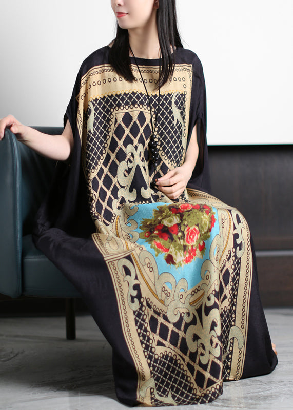 Original Loose Black O-neck Yellow Print Silk Maxi Dresses Batwing Sleeve
