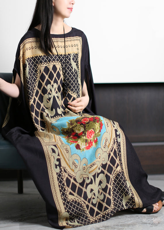Original Loose Black O-neck Yellow Print Silk Maxi Dresses Batwing Sleeve