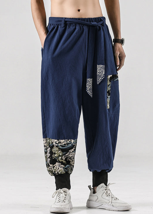 Original Navy Lace Up Pockets Cotton Crop Pants Summer