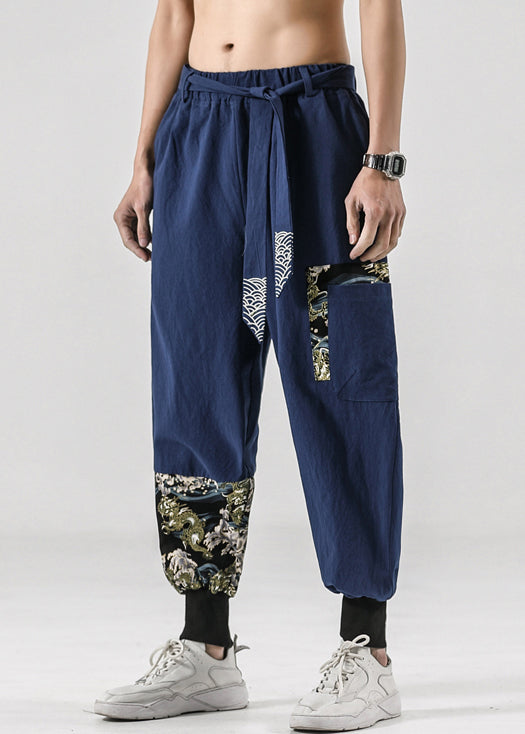 Original Navy Lace Up Pockets Cotton Crop Pants Summer