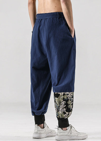 Original Navy Lace Up Pockets Cotton Crop Pants Summer