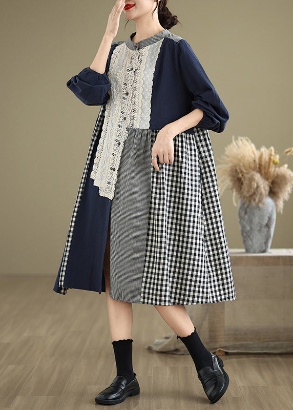 Original O-neck Lace Patchwork Plaid Long Dresses Fall